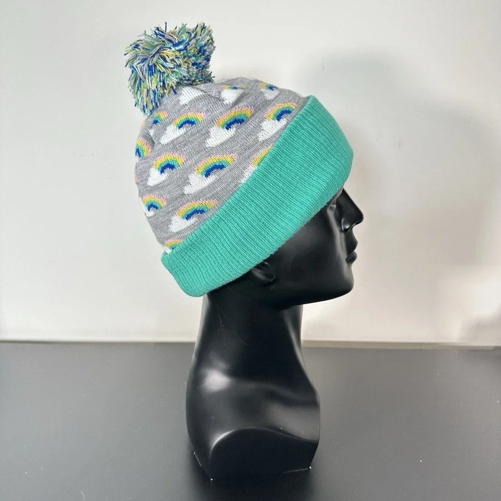 Tucker + Tate Rainbow Cloud Beanie Hat‎ Pom Pom Mint Green Gray One Size Kidcore